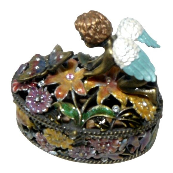 Angel Trinket Box Hand-Painted Floral Desgn Hinged Lid Blue Satin-Lined Gift Box - Picture 10 of 11